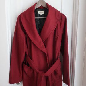 Merona Women's Wool Blend Coat Large Burgundy Button Up Belted Tie Waist - XL